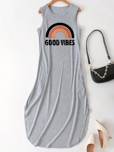 Good Vibes Letter Print Dress, Sleeveless Crew Neck Casual Dress For All Season, Women's Clothing  Size (XL) Color (Light Grey)