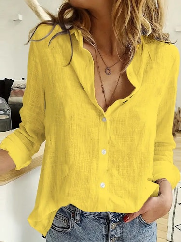 Long Sleeve Linen Shirt, Casual Button Up Shirt For Spring & Fall, Women's Clothing Size (XS, S, M, L, XL, XXL) Color (Yellow)