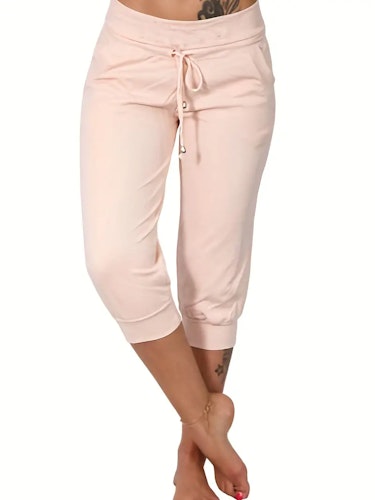 Drawstring Workout Cropped Pants, Casual Solid Summer Pants With Pockets, Women's Clothing Size (XS, S, M, L, XL, XXL) Color (Pink)
