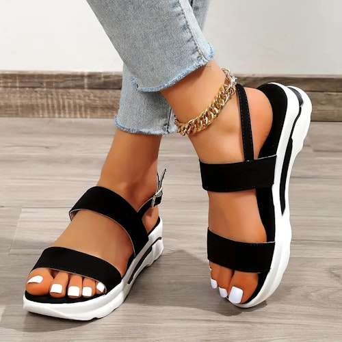 Women's Platform Open Toe Sandals, Solid Color Ankle Buckle Strap Non Slip Shoes, Casual Outdoor Sandals Color (black ) Size (9)