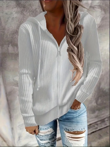 Zip Up Drawstring Hoodies, Casual Soldi Long Sleeve Sweatshirt, Women's Clothing (L) Color (White)
