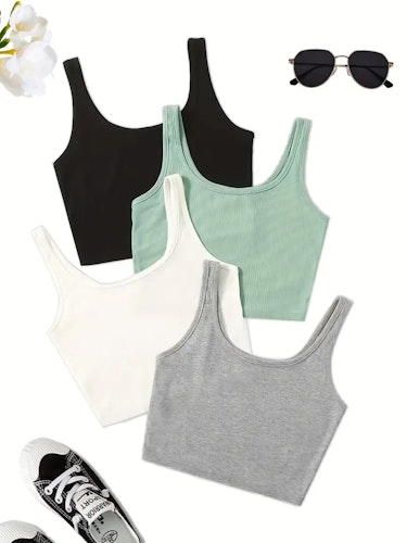 4 Pcs Set Crop Tank Top, Casual Basic High Stretch Summer Workout Yoga Gym Tank Top, Women's Clothing Size (XS) Color (Mixed Colour)