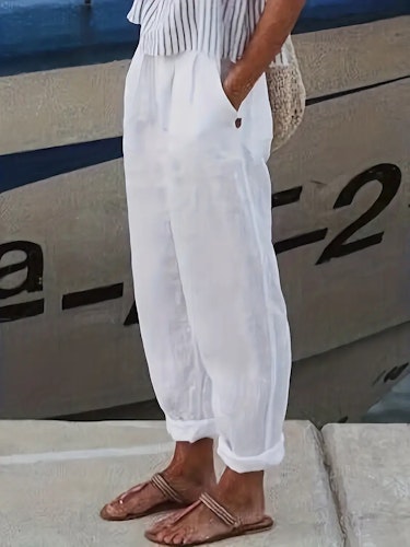 Minimalist Solid Versatile Pants, Casual Wide Leg Elastic Waist Summer Pants, Women's Clothing Size (XS, S, M, L, XL, XXL) Color (White)
